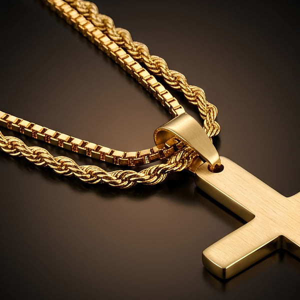 FAITH LAYER GOLDEN - 27mm Titanium Steel Pendant with 23inch Round Box and Twisted 4mm Chain for Men & Boys