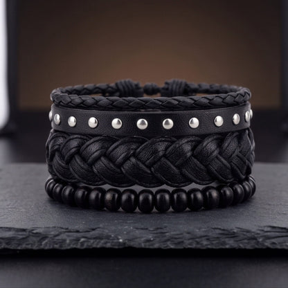 RIVET BRAID - 3Pcs Genuine Leather Adjustable Bracelets Set for Men & Boys