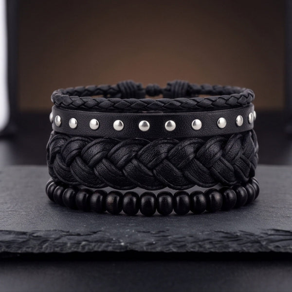 RIVET BRAID - 3Pcs Genuine Leather Adjustable Bracelets Set for Men & Boys