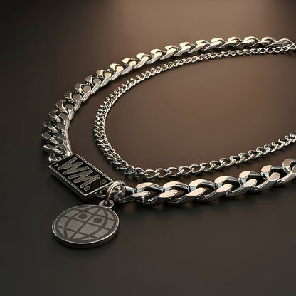 WORLD GRID - 13mm Titanium Steel Pendant with 18inch to 20inch Adjustable Cable Chain for Men & Boys