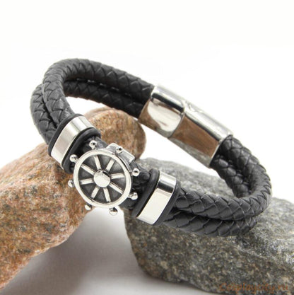 CAPTAIN HELM BLACK - Genuine Leather Braided Bracelet with Stainless Steel Magnetic Buckle for Men & Boys (8 inch)