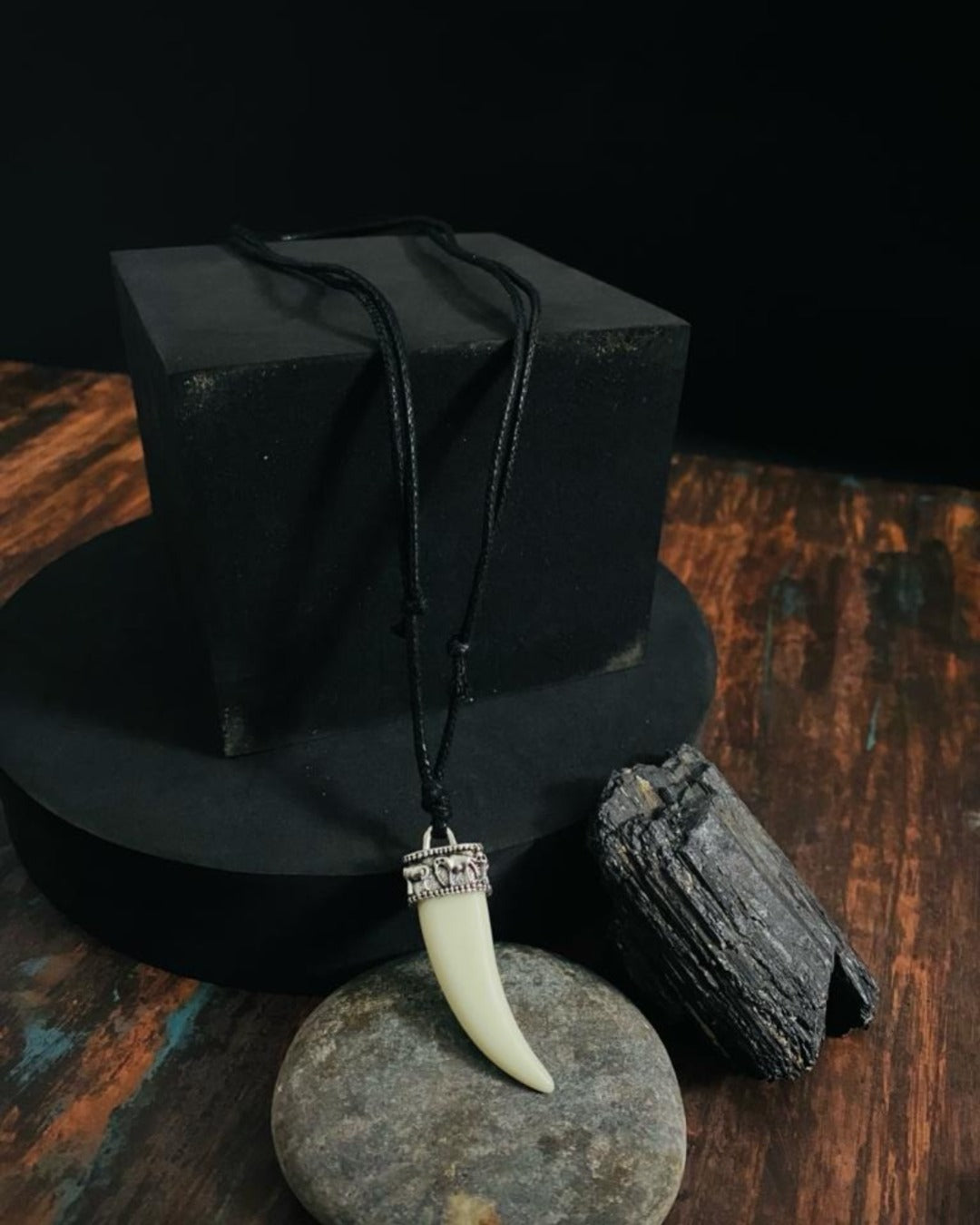 The Men Thing Necklace For Men - Faux Ivory Tusk Pendant Antique Silver Crown With Black Cotton Cord