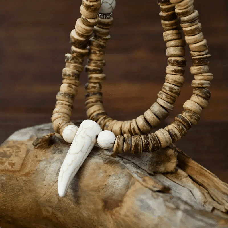 Tribal Coconut White Horn - Beaded Necklace With Stone Beads Horn Tooth Pendants For Mens & Boys (24