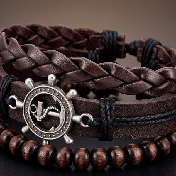 ANCHOR WHEEL - 3Pcs Genuine Leather Adjustable Bracelets Set for Men & Boys
