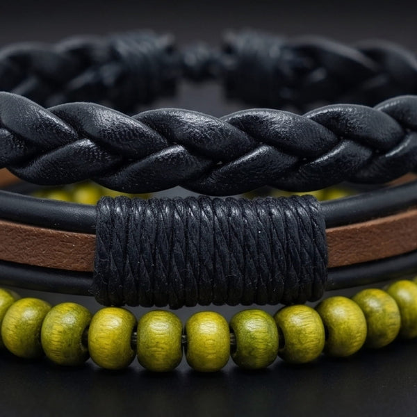 GROVE EDGE - 3Pcs Genuine Leather Adjustable Bracelets Set for Men & Boys