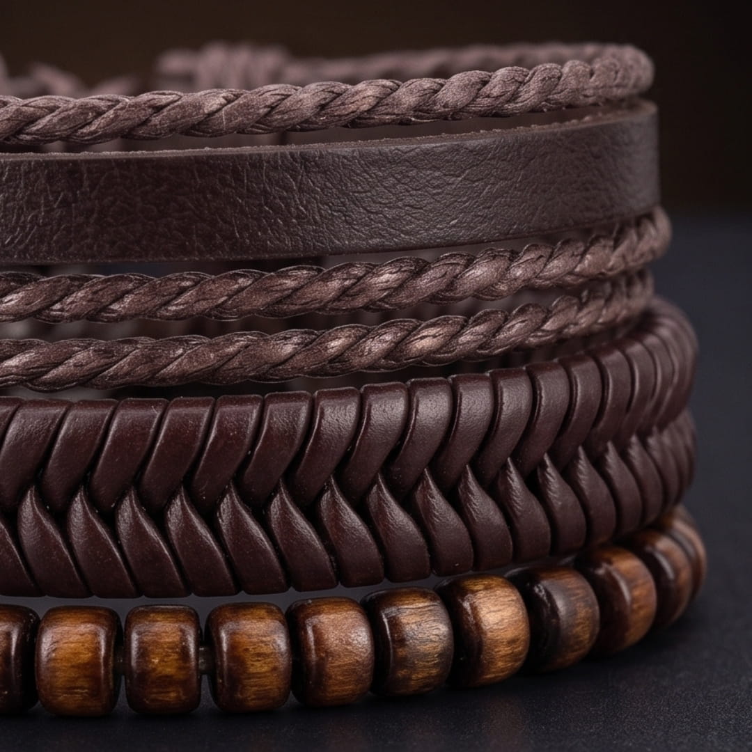 OAKEN EDGE - 3Pcs Genuine Leather Adjustable Bracelets Set for Men & Boys
