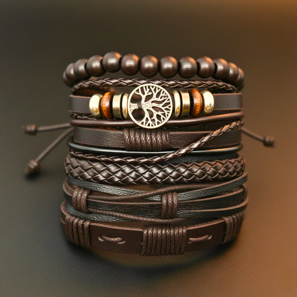 6 Pcs Genuine Leather Adjustable Bracelet Set for Men & Boys (8 inch)