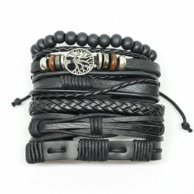 6 Pcs Genuine Leather Adjustable Bracelet Set for Men & Boys (8 inch) — Leather Bracelet for Men | THE MEN THING