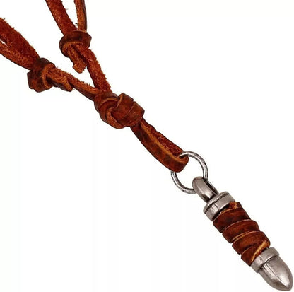 Bulletwrap Brown - Vintage Alloy Bullet Pendant With Adjustable Pure Leather Cord Necklace For Men &