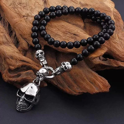 THE MEN THING Premium Titanium Steel Pendant for Men - Gothic Skull Necklace with 8mm Black Natural Onyx Beads 24inch Chain for Men & Boys