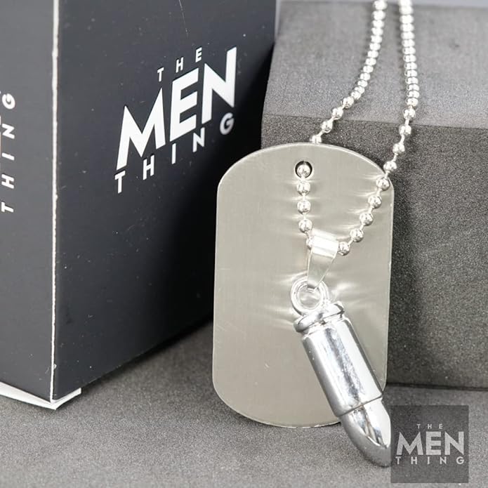 Bullet Dog Tag - Titanium Steel Pendant With 24Inch Round Box Chain American Trending Style For Men