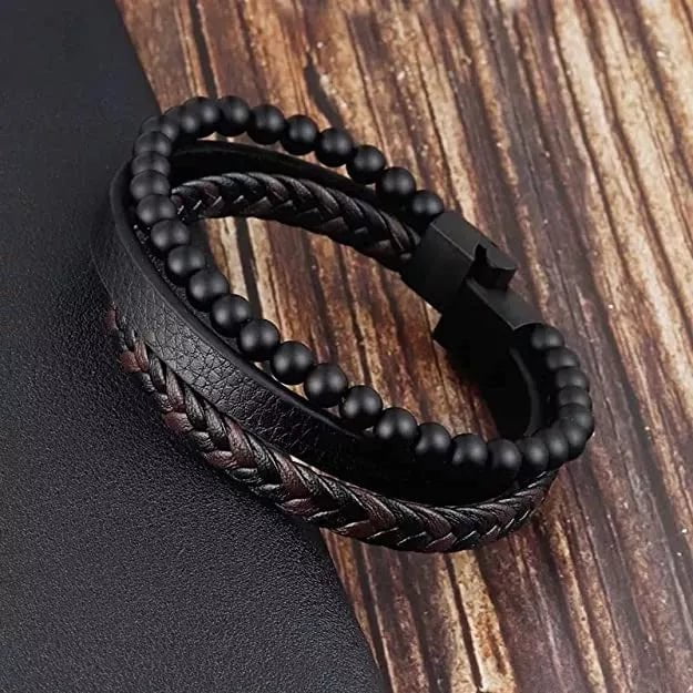 THE MEN THING American Style Genuine Leather Bracelet with Healing Natural Stones and 100% Stainless Steel Magnetic Buckle for Men & Boy (8 inch)