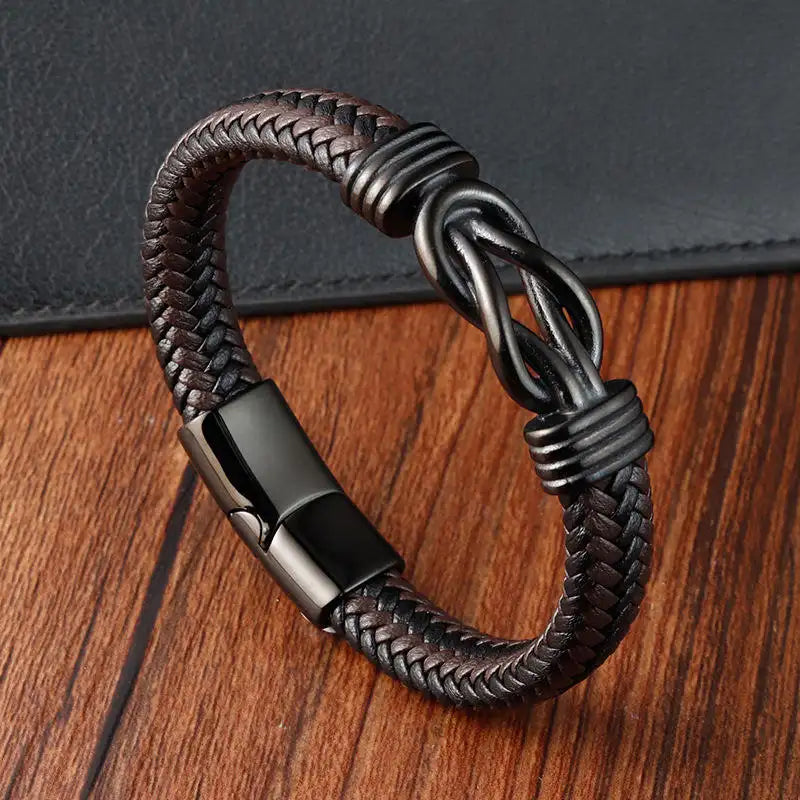 LOVE KNOT BROWN - Genuine Leather Braided Bracelet with Stainless Steel Magnetic Buckle for Men & Boys (8 inch)