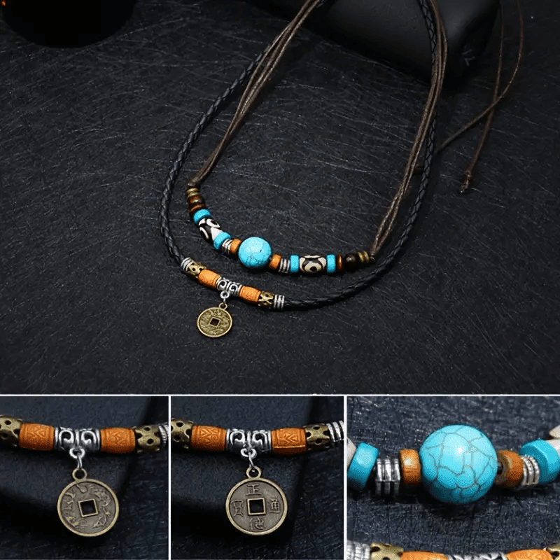 Vintage Retro Coin - Two-Layered Necklace With Wax Rope And Faux Adjustable For Men Boys.
