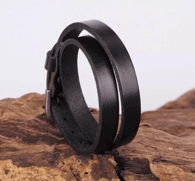 OUTBACK BLACK - Genuine Leather Adjustable Cuff Bracelet with Stainless Steel Hook for Men & Boys
