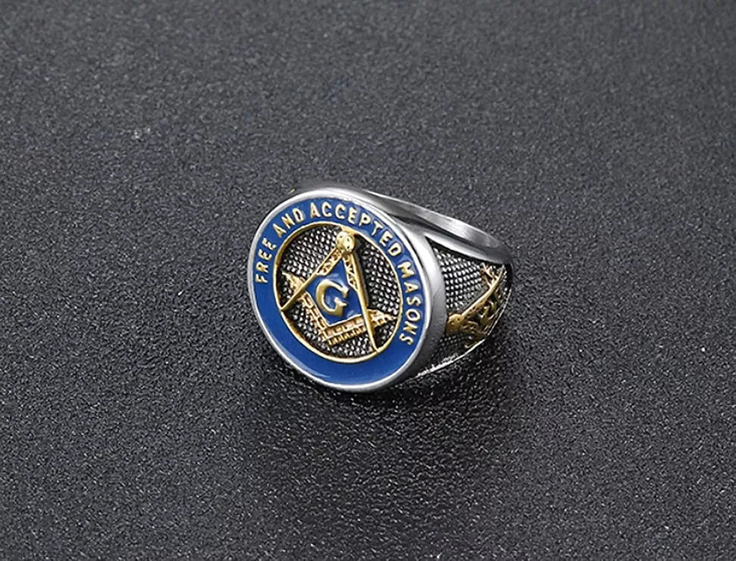 Masonic Signet - Pure Titanium Rings For Men Luxury Style Blue Gold Tone (Size:  17-21- 24)