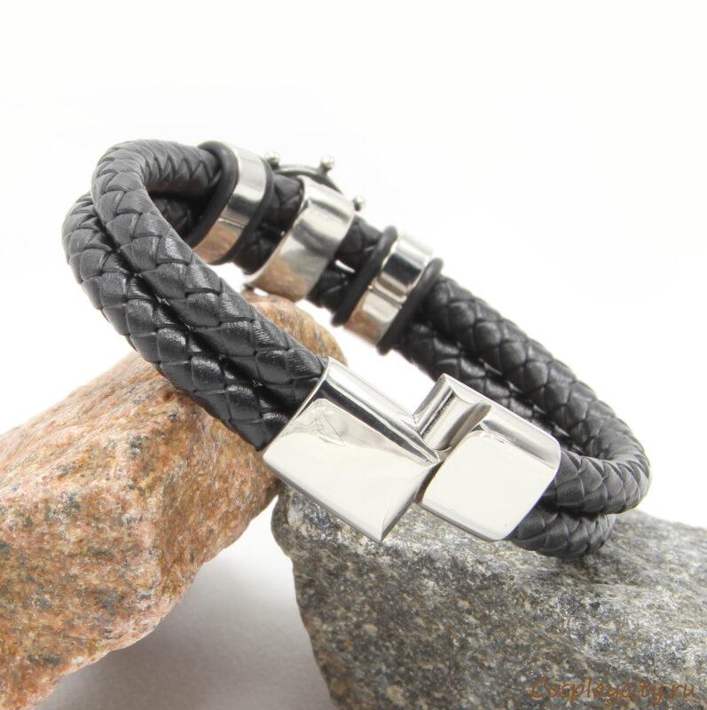 CAPTAIN HELM BLACK - Genuine Leather Braided Bracelet with Stainless Steel Magnetic Buckle for Men & Boys (8 inch)