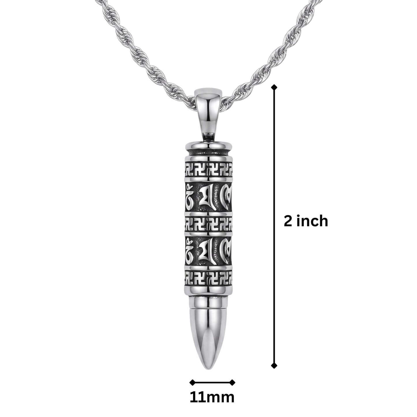 MANTRA BULLET - 11mm Pure Titanium Steel Pendant with 23inch Twisted Rope 4mm Chain for Men & Boys