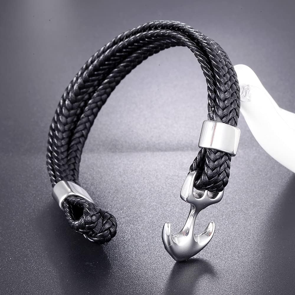 SEAFARER ANCHOR BLACK -  Genuine Leather Double Layer Braided Bracelet with Stainless Steel Anchor Hook for Men & Boys (8 inch)
