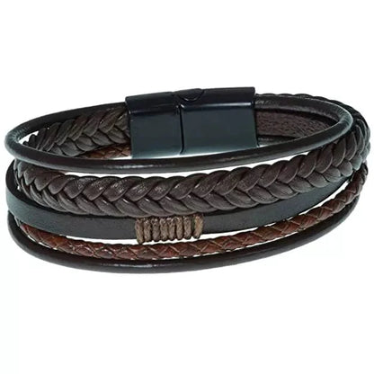 THE MEN THING Leather Bracelet for Men - American Style Brown Genuine Leather Multi-Layer Braided Bracelet with 100% Stainless Steel Magnetic Buckle for Men & Boys