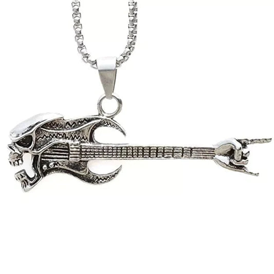 THE MEN THING Alloy Big Skull Guitar Pendant with Pure Stainless Steel 24inch Chain for Men, European trending Style - Round Box Chain & Pendant for Men & Boys