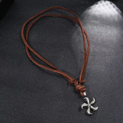 Windmill Brown - Vintage Alloy Windmill Pendant With Adjustable Pure Leather Cord Necklace For Men &