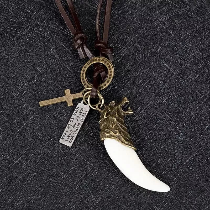 White LOVE - Vintage Alloy Gold Wolf Fang Pendant with Adjustable Pure Leather Cord Necklace for Men & Boys