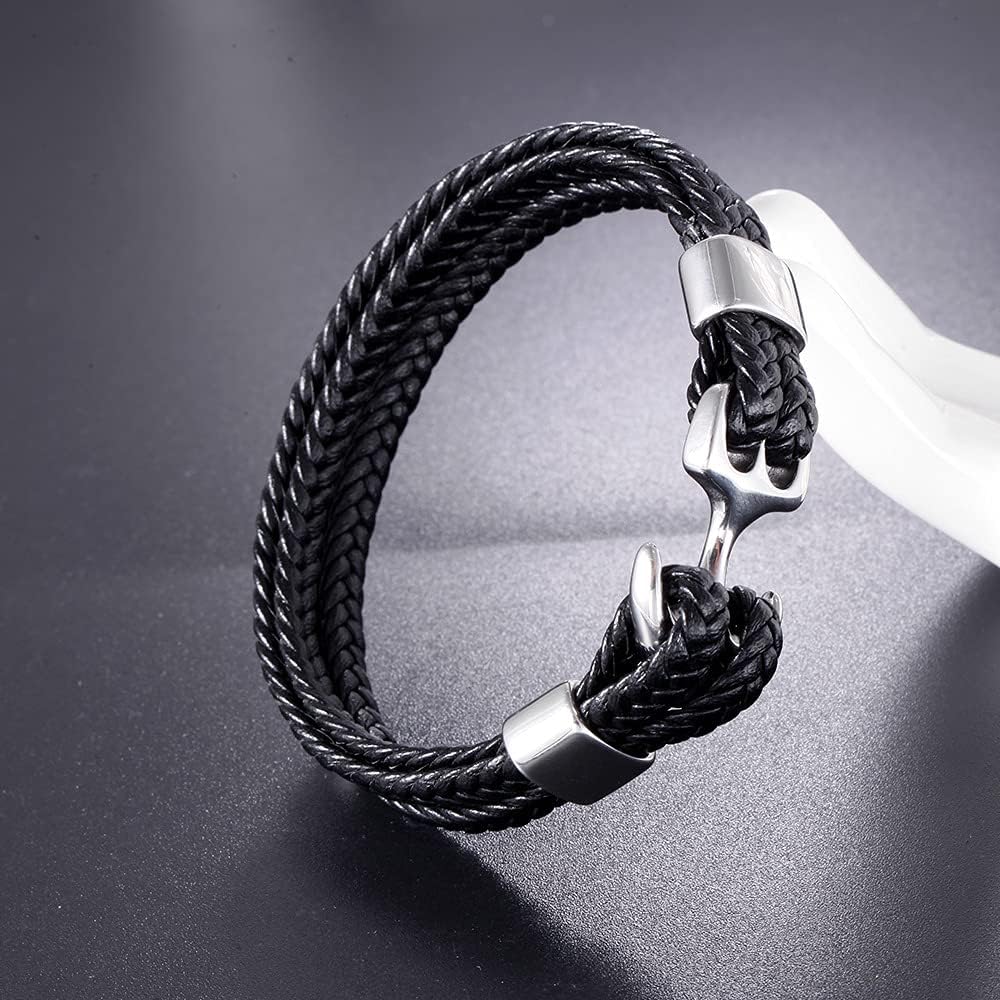 SEAFARER ANCHOR BLACK -  Genuine Leather Double Layer Braided Bracelet with Stainless Steel Anchor Hook for Men & Boys (8 inch)
