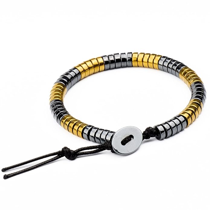 Sleek Italy - Gold & Silver Tone Steel Bead Bracelet Stretch (8Inch) Black Hematite Bracelets