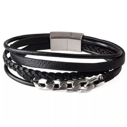 THE MEN THING European Style Handmade Woven Multi-Layer Wrap Black Braided Bracelet with 100% Stainless Steel Magnetic Buckle for Men & Boys (8 inch)