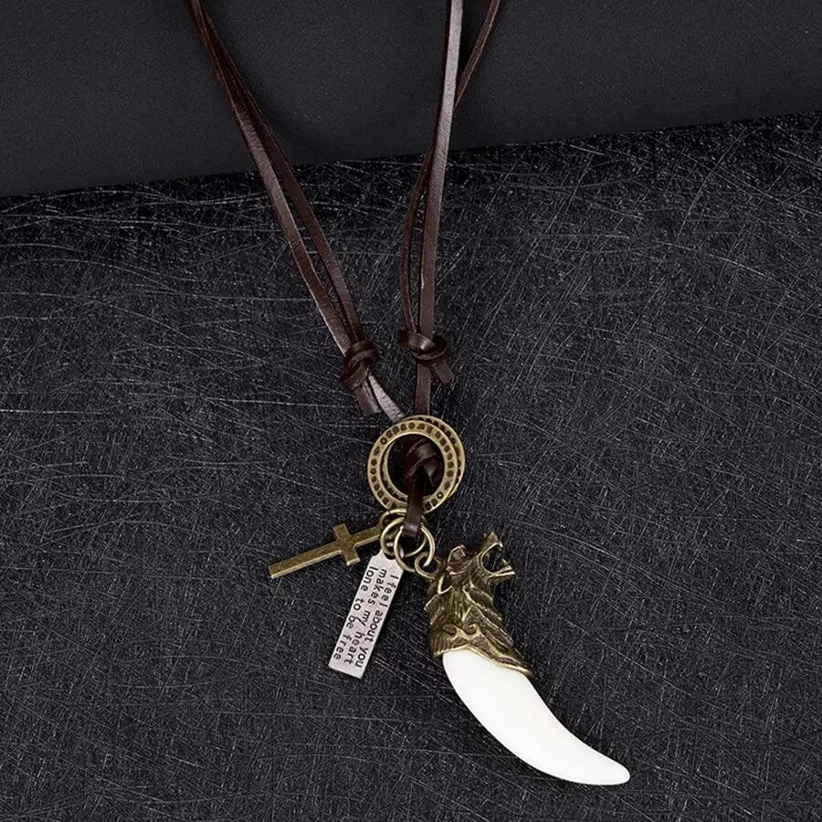White Love - Vintage Alloy Gold Wolf Fang Pendant With Adjustable Pure Leather Cord Necklace For Men