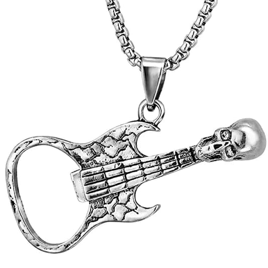 THE MEN THING Alloy Guitar Skull Pendant with Pure Stainless Steel 24inch Chain for Men, European trending Style - Round Box Chain & Pendant for Men & Boys