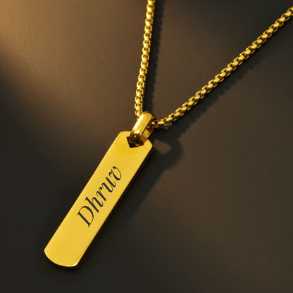 ENGRAVED - AURUM BAR - 11mm Titanium Steel Pendant with 24inch Round Box 4mm Chain for Men & Boys