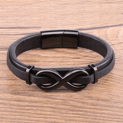 INFINITY 8 BLACK - Genuine Leather Double Layer Bracelet with Stainless Steel Hook for Men & Boys (8 inch)