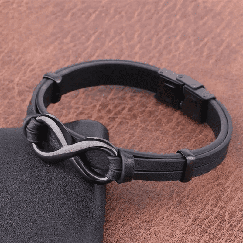 INFINITY 8 BLACK - Genuine Leather Double Layer Bracelet with Stainless Steel Hook for Men & Boys (8 inch)