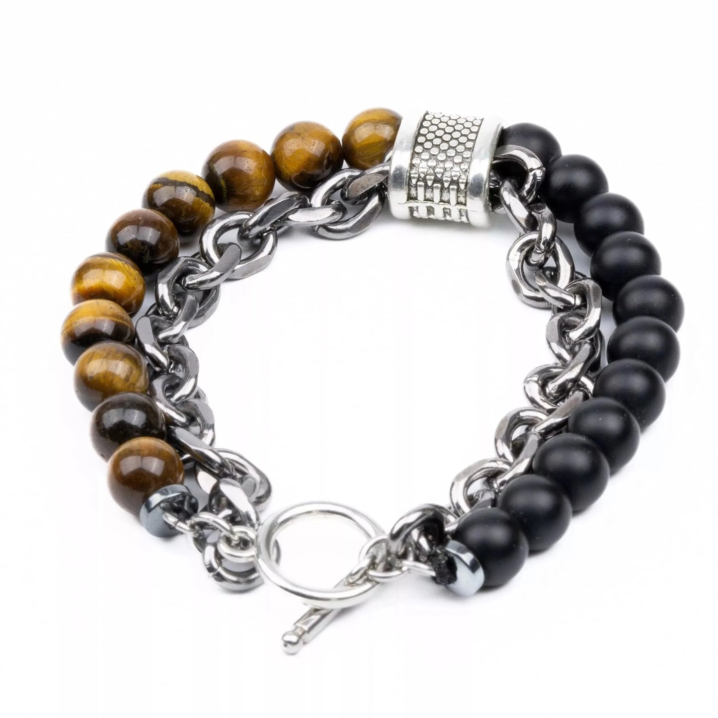 THE MEN THING Natural Beads Bracelet for Men - Become Money Magnet - Black Tiger Eye Stone Colorful 7 Chakra Energy Stretch Bracelet (8inch)