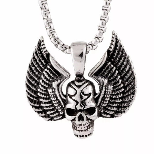 THE MEN THING Pendant for Men - Pure Titanium Steel Wing Skull Pendant with 24inch Round Box Chain for Men & Boys