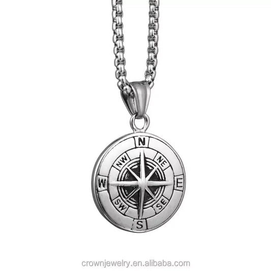 THE MEN THING Alloy Compass Pendant with Pure Stainless Steel 24inch Chain for Men, American trending Style - Round Box Chain & Pendant for Men & Boy