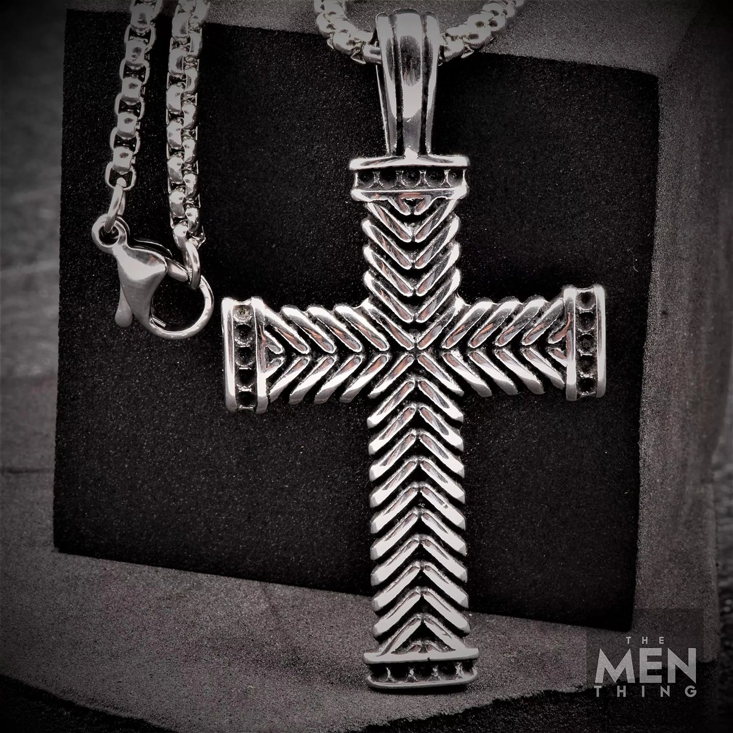 THE MEN THING Pendant for Men - Pure Titanium Steel Chevron Cross Pendant with 24inch Round Box Chain for Men & Boys