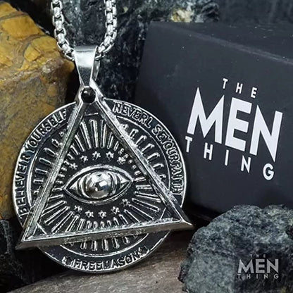THE MEN THING Alloy Masonic Eye Pendant with Pure Stainless Steel 24inch Chain for Men, European trending Style - Round Box Chain & Pendant for Men & Boys