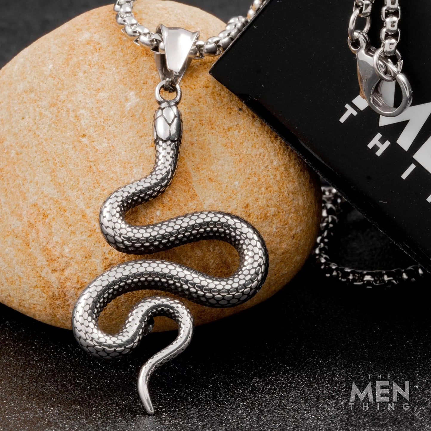 THE MEN THING Pendant for Men - Pure Titanium Steel Snake Pendant with 24inch Round Box Chain for Men & Boys