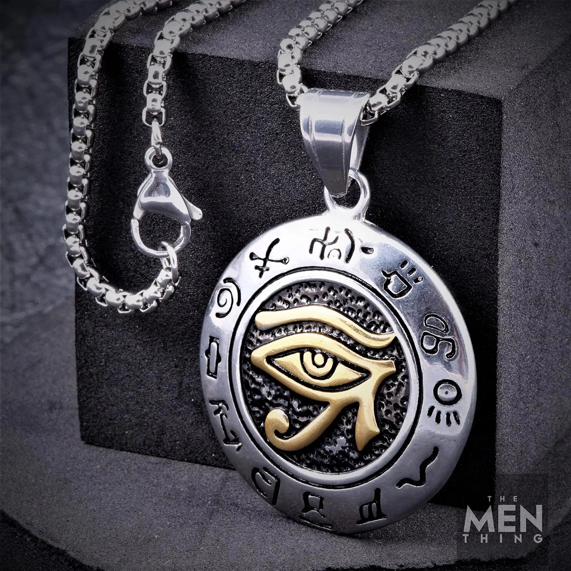 THE MEN THING Pendant for Men - Pure Titanium Steel Eye of Horus Pendant with 24inch Round Box Chain for Men & Boys