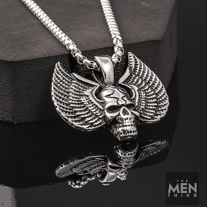 Skull Wing - Pure Titanium Steel Pendant With 24Inch Round Box Chain For Men & Boys
