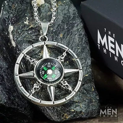 THE MEN THING Alloy Compass Pendant with Pure Stainless Steel 24inch Chain for Men, European trending Style - Round Box Chain & Pendant for Men & Boys