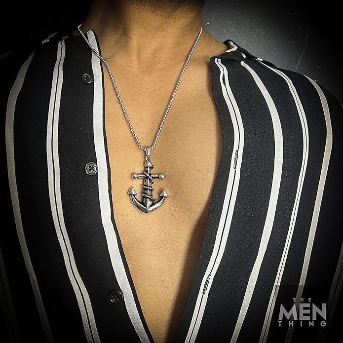 Nautical Anchor - Pure Titanium Steel Pendant With 24Inch Round Box Chain For Men & Boys