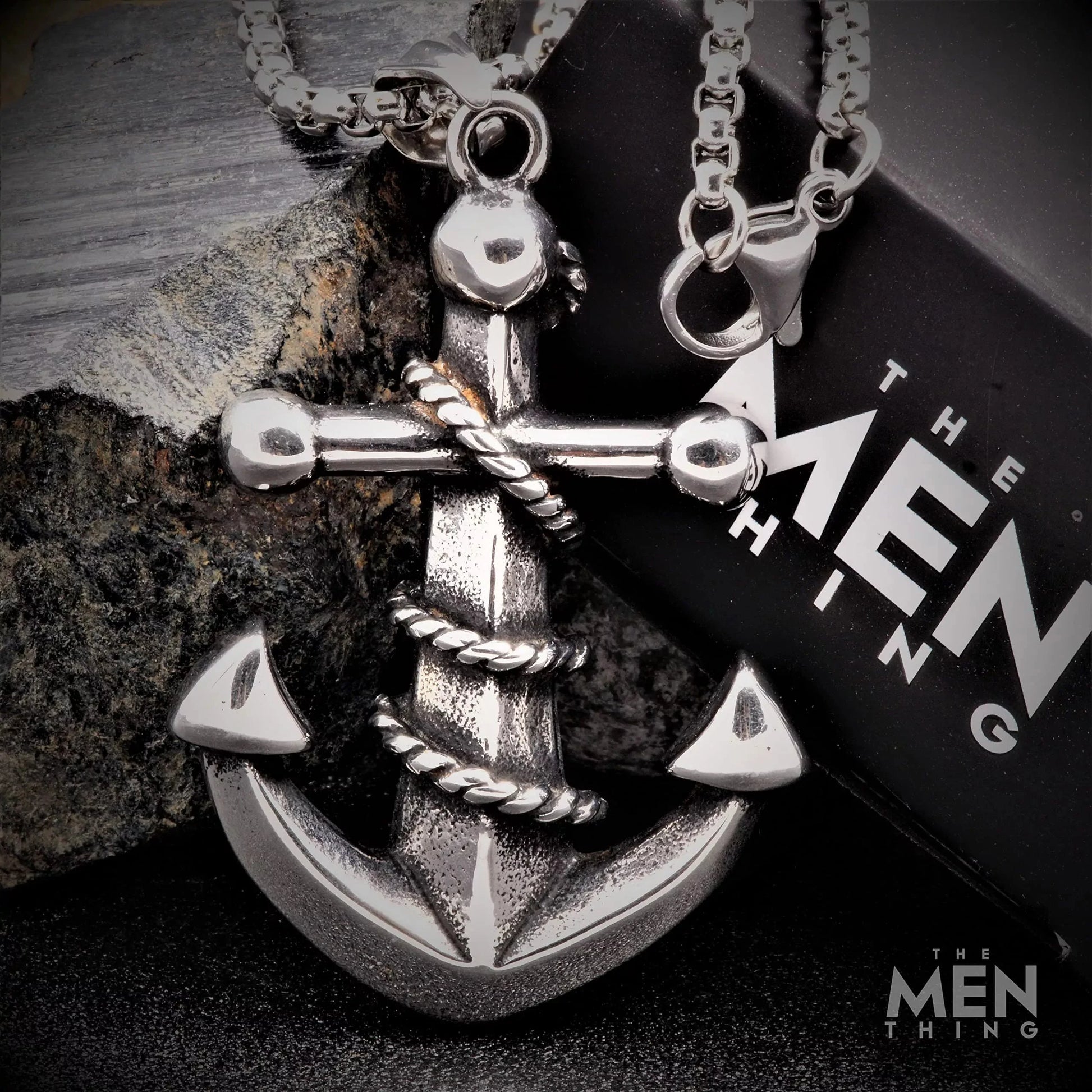 THE MEN THING Pendant for Men - Pure Titanium Steel Nautical Anchor Pendant with 24inch Round Box Chain for Men & Boys