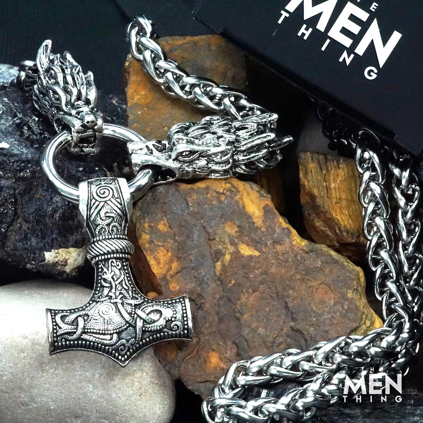 THE MEN THING Norse Viking Thor's Hammer Talisman Necklace, Stainless Steel Nordic Mythology Mjolnir Pendant for Men and Boys