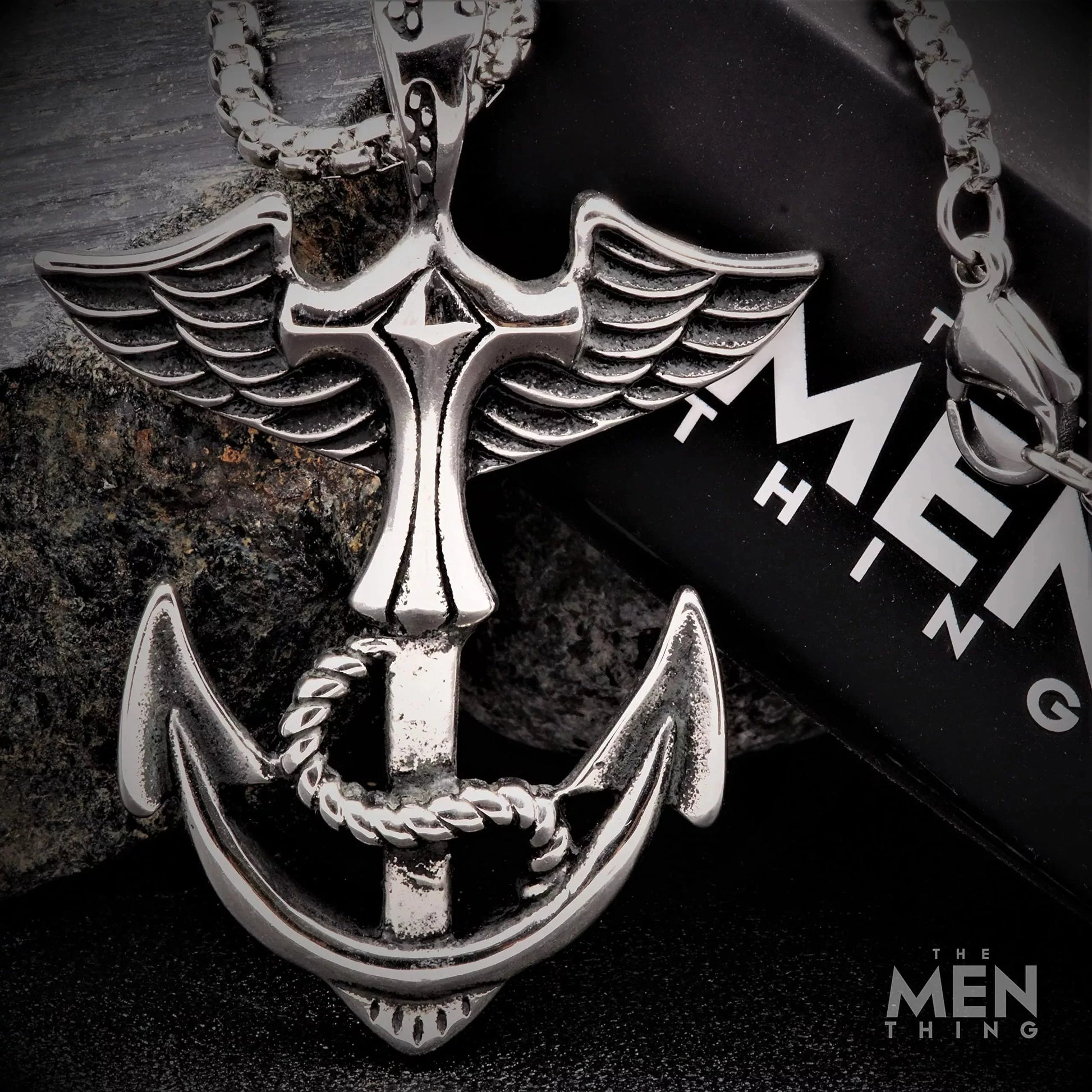 THE MEN THING Pendant for Men - Pure Titanium Steel Cross Anchor Pendant with 24inch Round Box Chain for Men & Boys