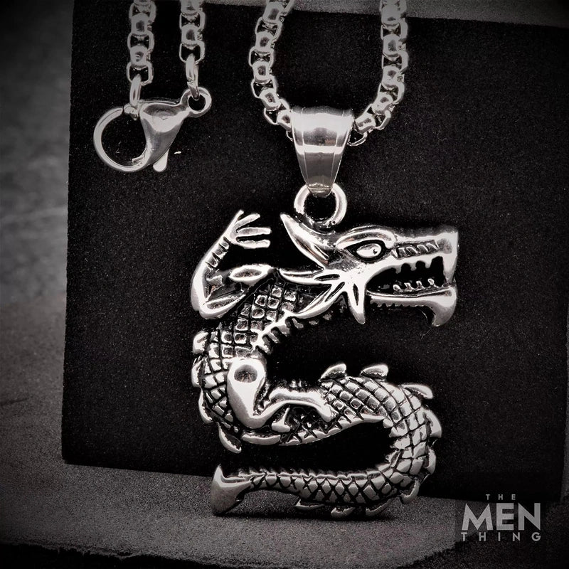 THE MEN THING Pendant for Men - Pure Titanium Steel Dragon Pendant with 24inch Round Box Chain for Men & Boys