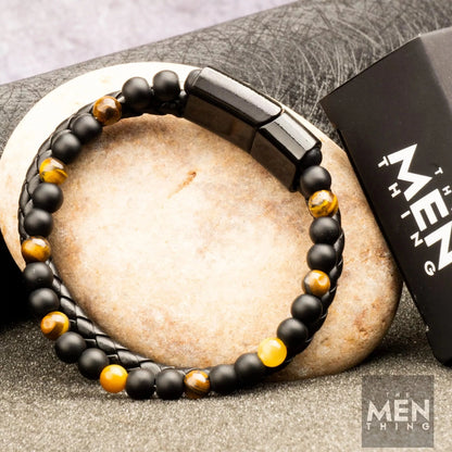 THE MEN THING Leather Natural Healing Bead Bracelet for Men - Natural Stone Tiger Eye Black Onyx Leather Beaded Bracelet with 100% Stainless Steel Magnetic Buckle for Men & Boys (7.5inch)